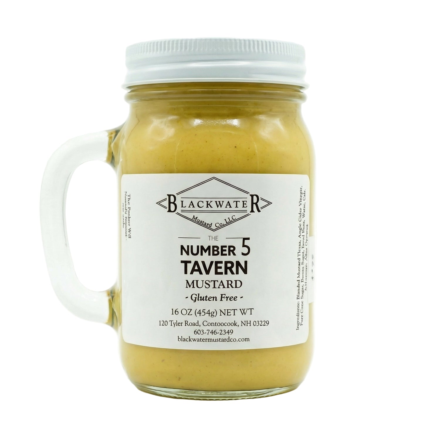 Blackwater Mustard Co. Number 5 Tavern Mustard jar on white background.