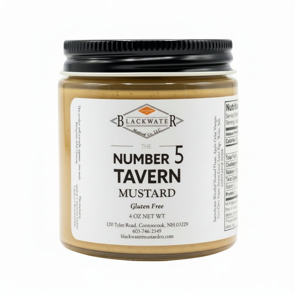 Blackwater Mustard Co. Number 5 Tavern Mustard jar on white background.