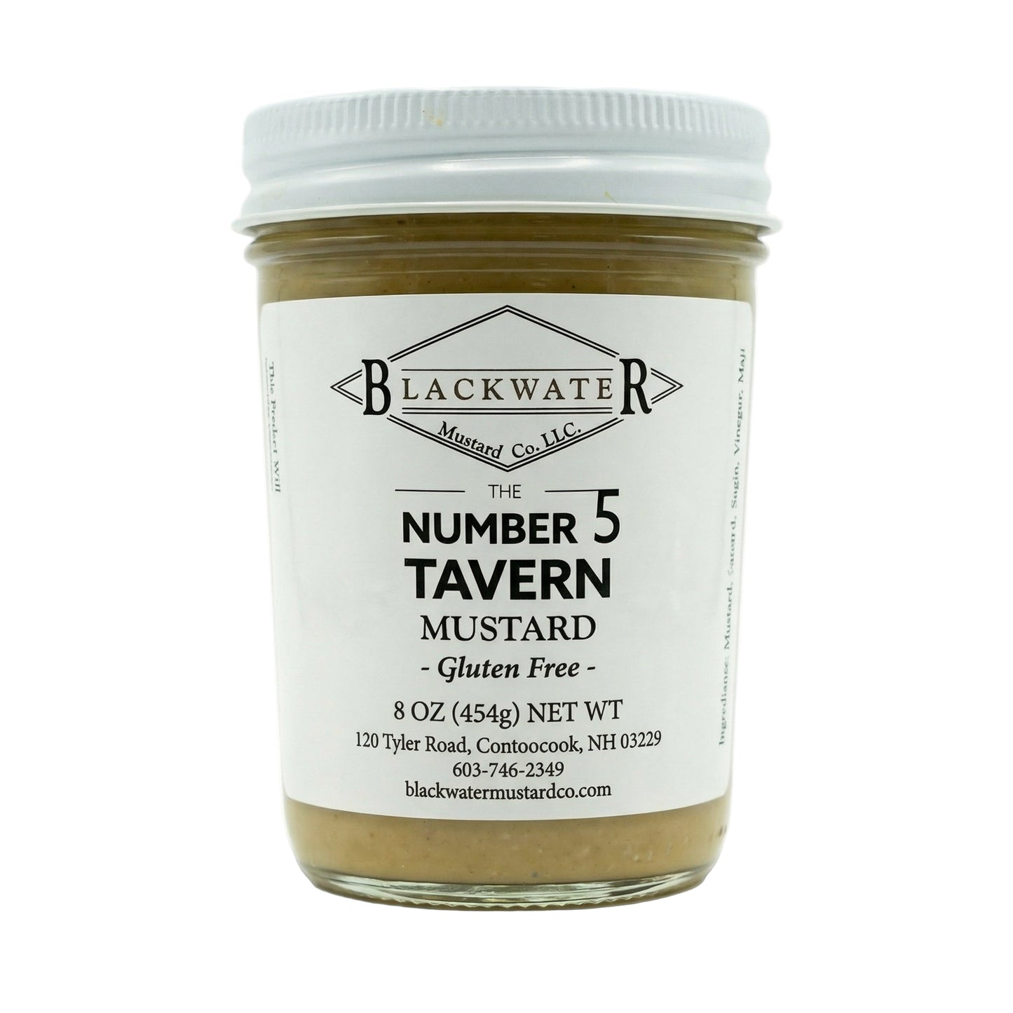 Blackwater Mustard Co. Number 5 Tavern Mustard jar on white background.