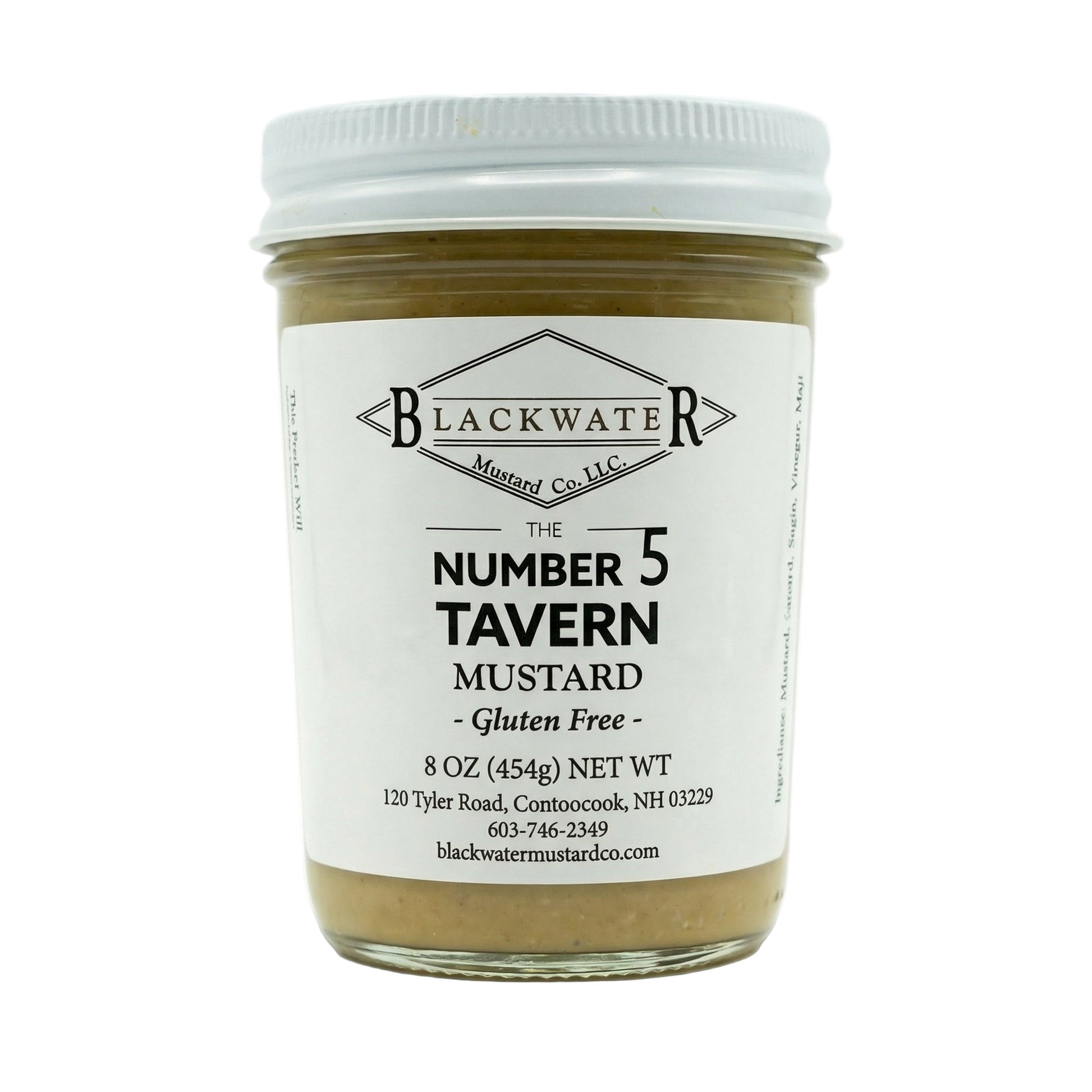 Blackwater Mustard Co. Number 5 Tavern Mustard jar on white background.