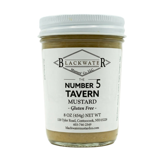 Blackwater Mustard Co. Number 5 Tavern Mustard jar on white background.