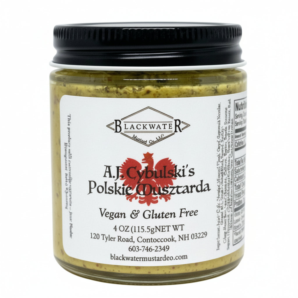 Blackwater Mustard Co. A.J. Cybulski’s Polish Mustard jar on white background.