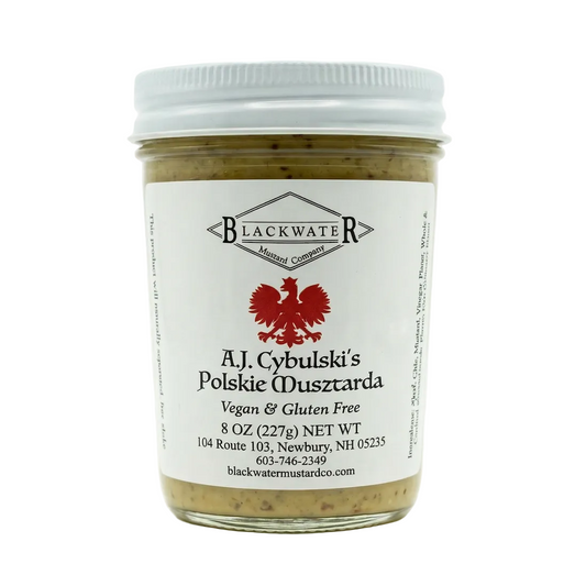 Blackwater Mustard Co. A.J. Cybulski’s Polish Mustard jar on white background.
