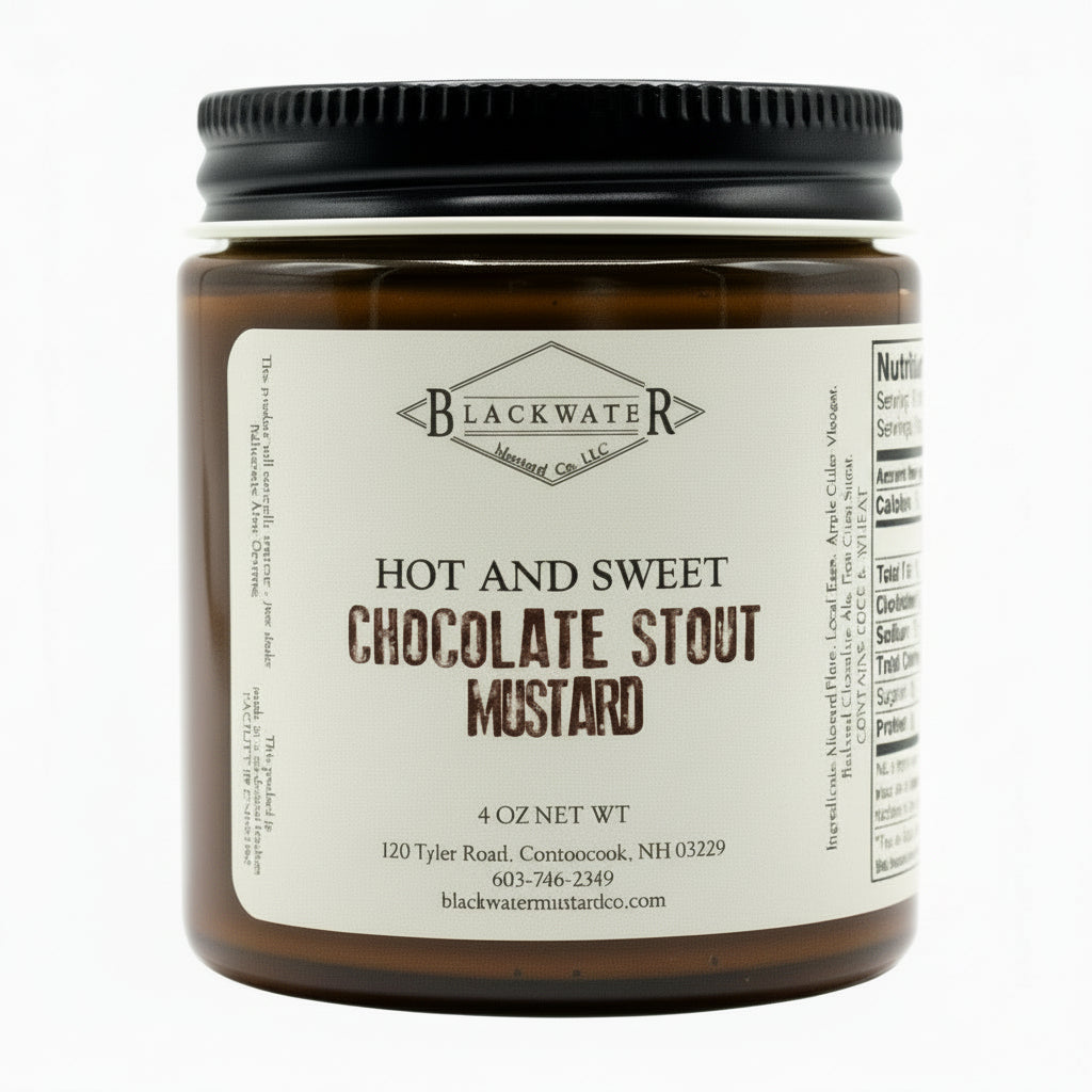 Blackwater Mustard Co. Chocolate Stout Mustard jar on white background.