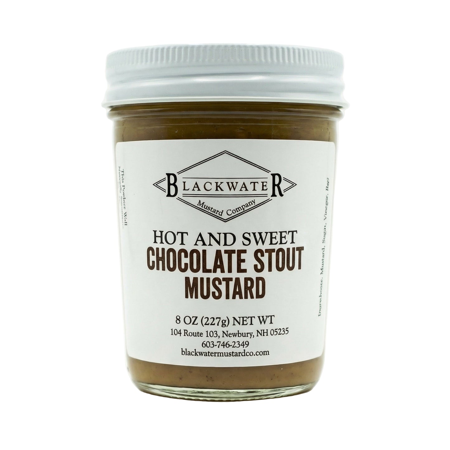 Blackwater Mustard Co. Chocolate Stout Mustard jar on white background.