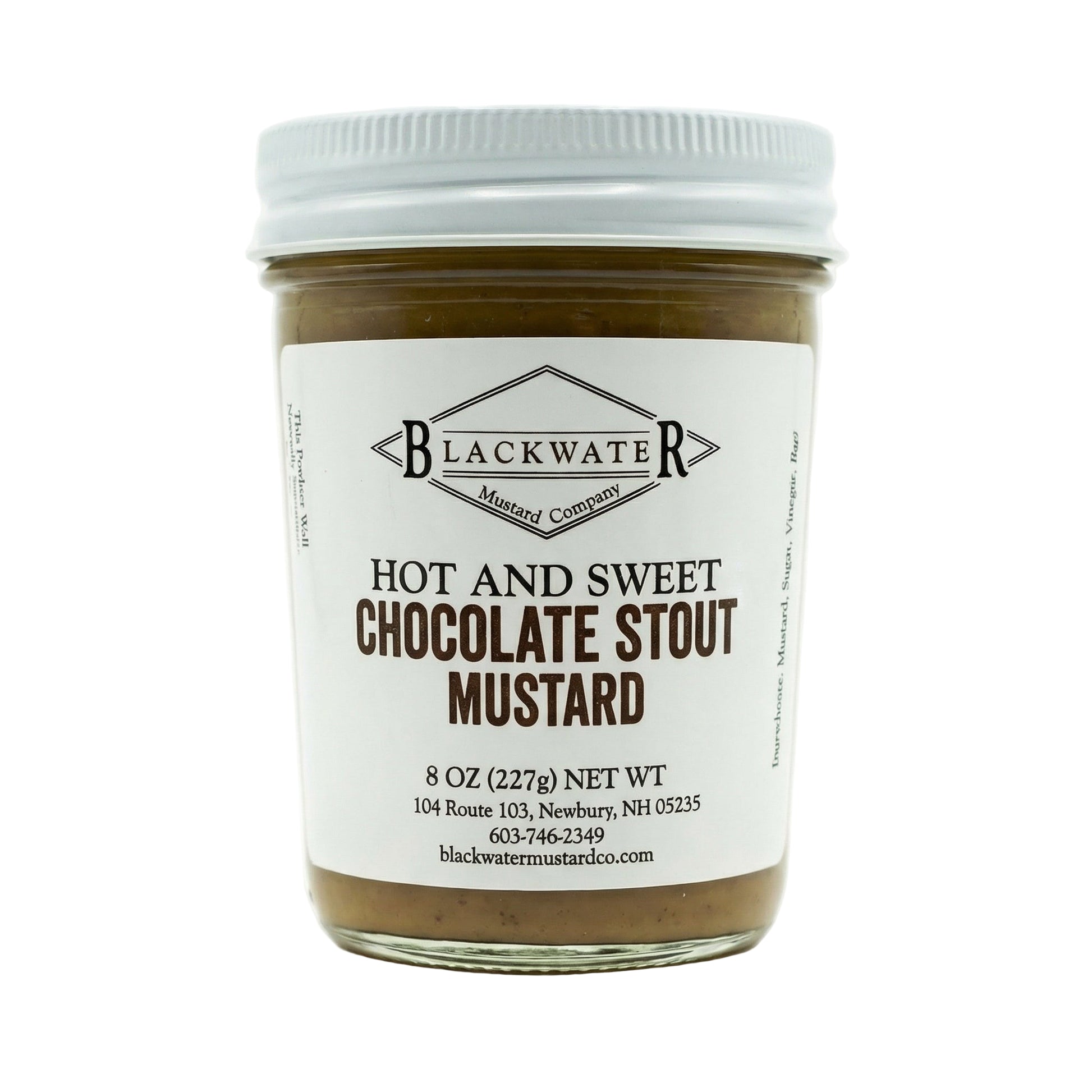 Blackwater Mustard Co. Chocolate Stout Mustard jar on white background.
