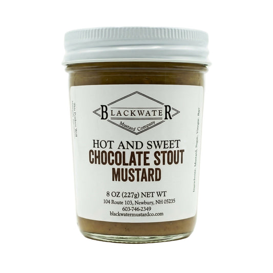 Blackwater Mustard Co. Chocolate Stout Mustard jar on white background.