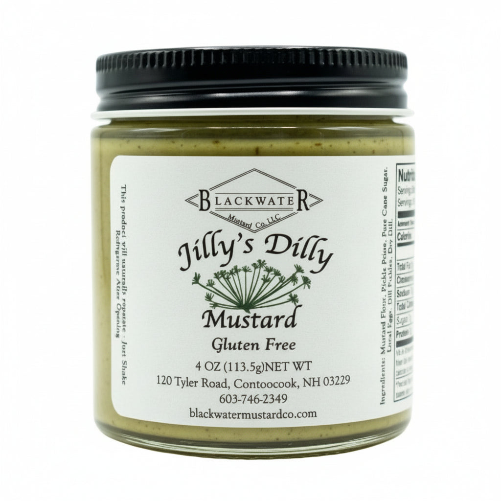 Blackwater Mustard Co. Dilly Mustard jar on white background.