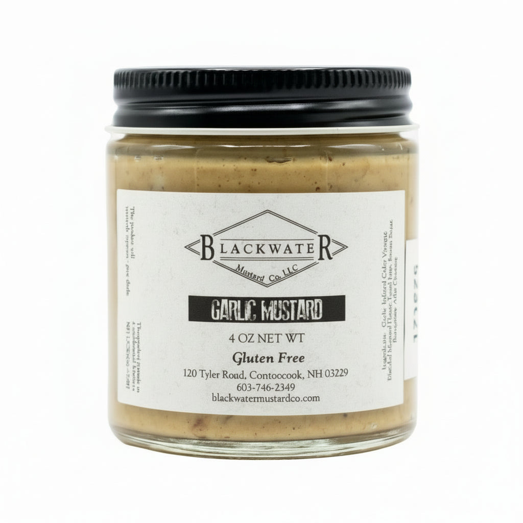 Blackwater Mustard Co. Garlic Mustard jar on white background.