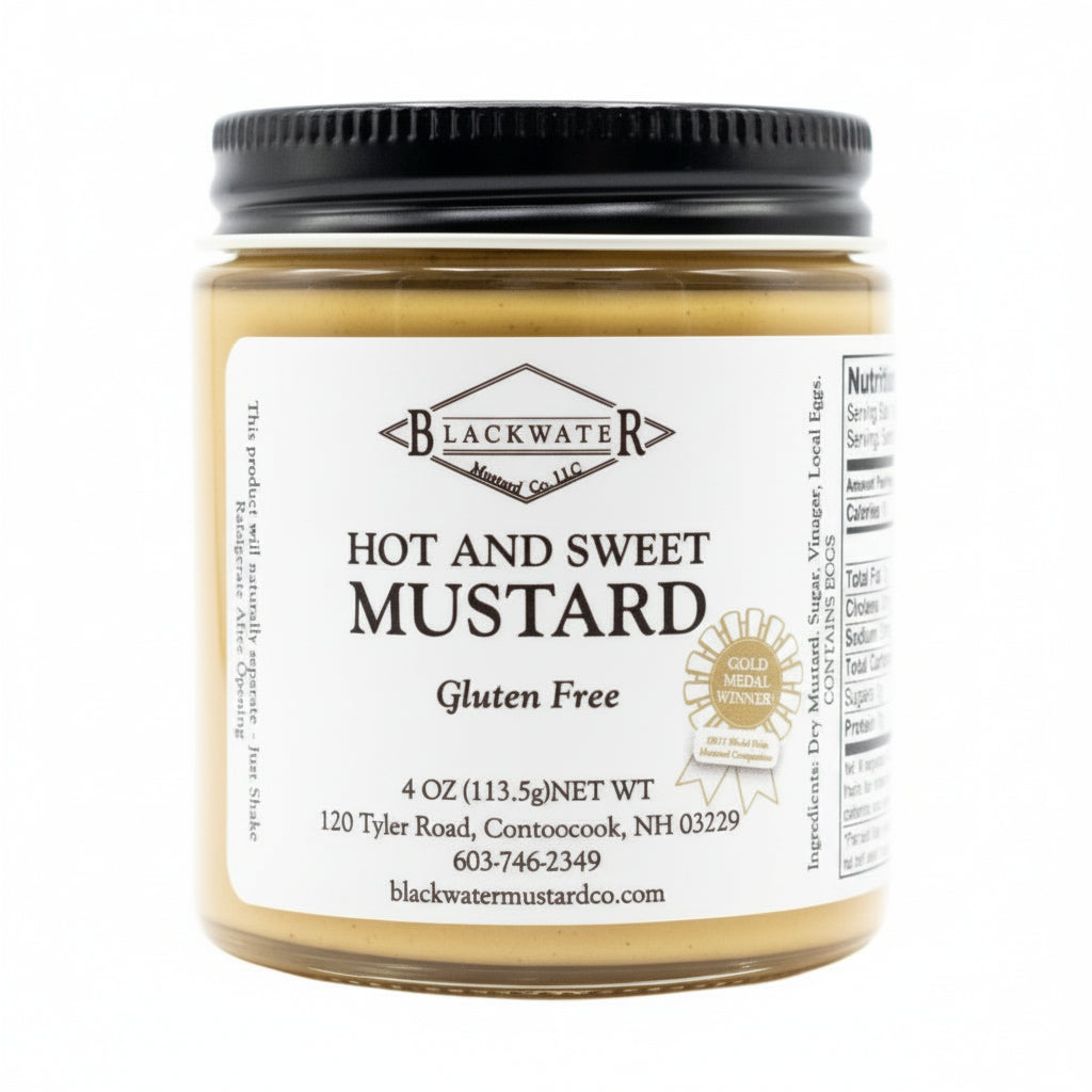 Blackwater Mustard Co. Hot and Sweet Mustard jar on white background.