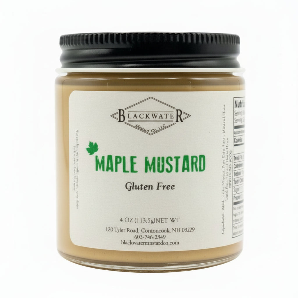 Blackwater Mustard Co. Maple Mustard jar on white background.