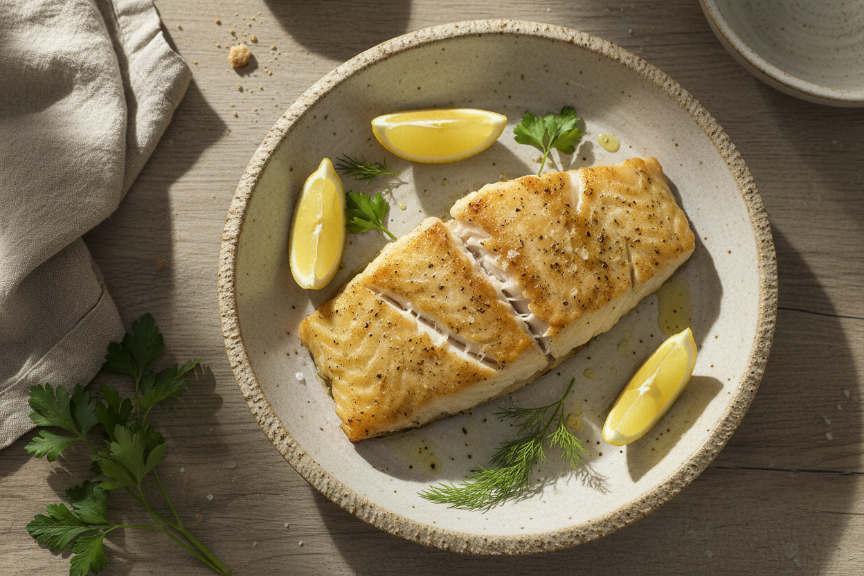 Create a high quality food photograph of baked cod, beautifully plated on a rustic ceramic dish. 
Warm New England farmhouse aesthetic, neutral cream or wood background, soft natural light, shallow depth of field. 
Focus on texture of the food, shot top-down. No jars, no labels, no text. 
Styling simple, real, homemade — not overly styled or artificial. 
Include subtle garnishes that make sense for the dish (lemon, herbs, etc). 
Make it feel cozy, inviting, and perfect for a home cookbook photo.
