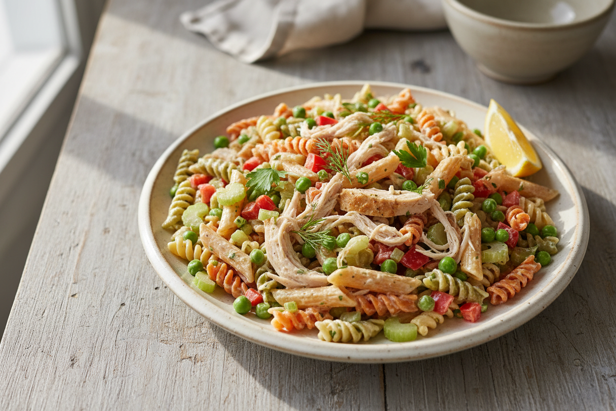 Create a high quality food photograph of Chicken Pasta Salad, beautifully plated on a rustic ceramic dish. 
Warm New England farmhouse aesthetic, neutral cream or wood background, soft natural light, shallow depth of field. 
Focus on texture of the food, shot top-down. No jars, no labels, no text. 
Styling simple, real, homemade — not overly styled or artificial. 
Include subtle garnishes that make sense for the dish (lemon, herbs, etc). 
Make it feel cozy, inviting, and perfect for a home cookbook photo.
