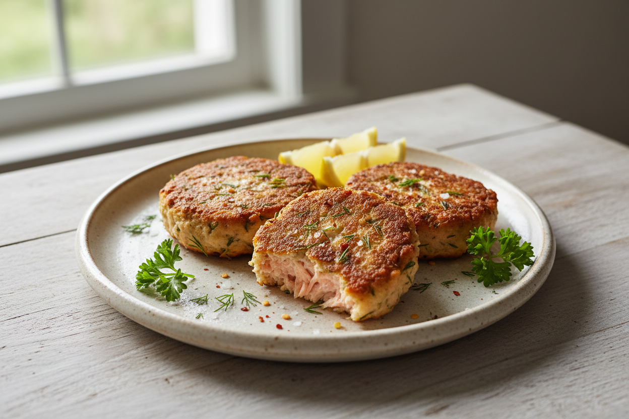 Create a high quality food photograph of Salmon Patties, beautifully plated on a rustic ceramic dish. 
Warm New England farmhouse aesthetic, neutral cream or wood background, soft natural light, shallow depth of field. 
Focus on texture of the food, shot top-down. No jars, no labels, no text. 
Styling simple, real, homemade — not overly styled or artificial. 
Include subtle garnishes that make sense for the dish (lemon, herbs, etc). 
Make it feel cozy, inviting, and perfect for a home cookbook photo.
