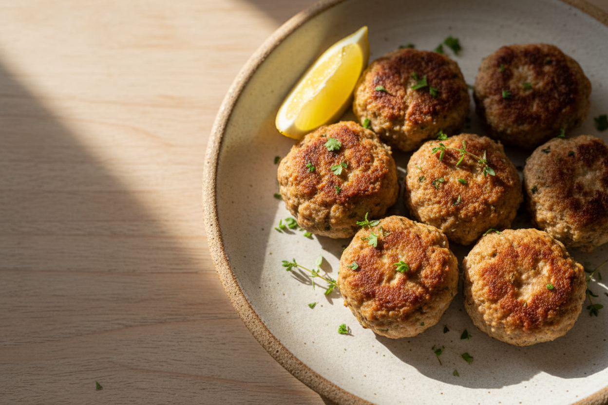 Create a high quality food photograph of Turkey meatballs, beautifully plated on a rustic ceramic dish. 
Warm New England farmhouse aesthetic, neutral cream or wood background, soft natural light, shallow depth of field. 
Focus on texture of the food, shot top-down. No jars, no labels, no text. 
Styling simple, real, homemade — not overly styled or artificial. 
Include subtle garnishes that make sense for the dish (lemon, herbs, etc). 
Make it feel cozy, inviting, and perfect for a home cookbook photo.
