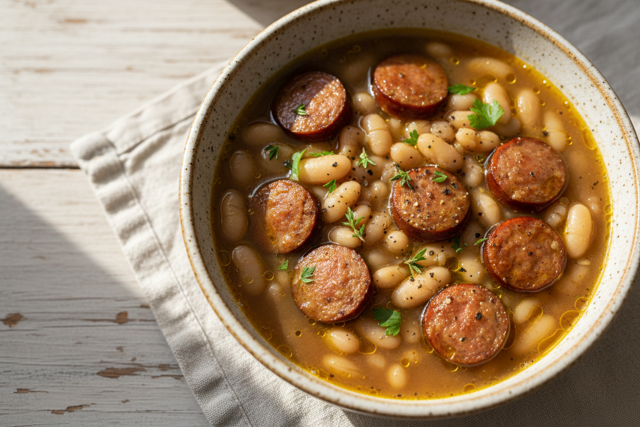 Createa high quality foodphotograph of Sausage + White bean soup, beautifully plated on a rustic ceramic dish.
Warm New England farmhouse aesthetic,neutral cream orwood background, soft natural light, shallow depth of field. 
Focus on texture of the food, shot top-down. No jars, no labels, no text. 
Styling simple, real, homemade — not overly styled or artificial. 
Include subtle garnishes that make sense for the dish (lemon, herbs, etc). 
Make it feel cozy, inviting, and perfect for a home cookbook photo.
