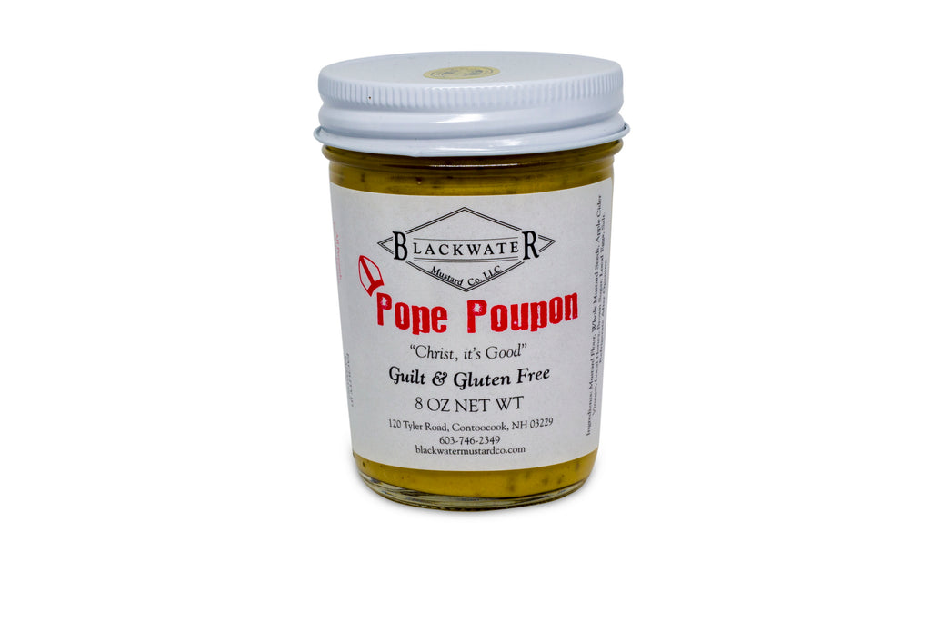 A jar of Pope Poupon mustard.