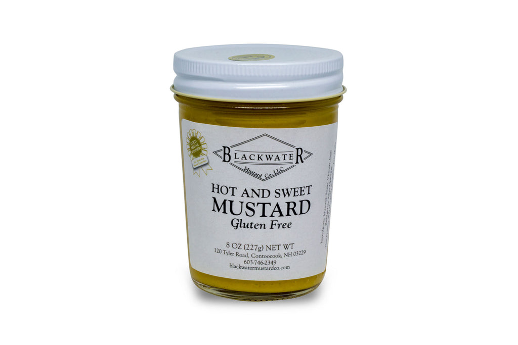 A jar of gluten free hot & sweet mustard.